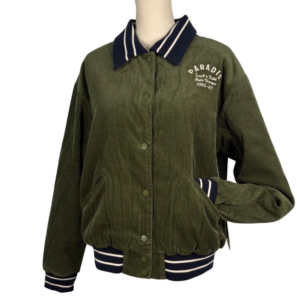 Birds of Paradis by Trovata Corduroy Sherpa Bomber Jacket Olive Green Large